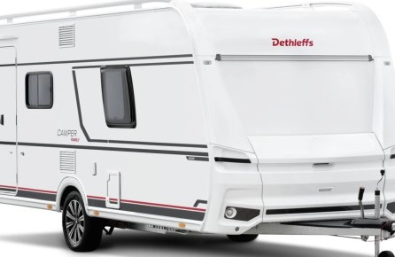 Caravane blanche Dethleffs Camper Family vue de côté