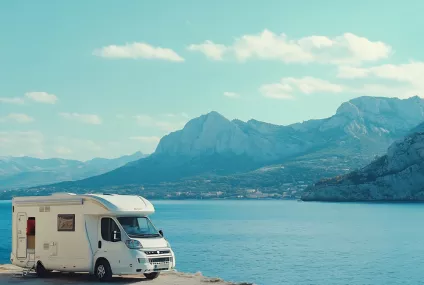 Camping-car stationné au bord d'une falaise avec vue sur la mer et montagnes