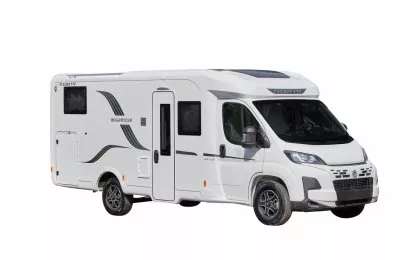 Camping-car blanc Fleurette Migrateur sur fond blanc