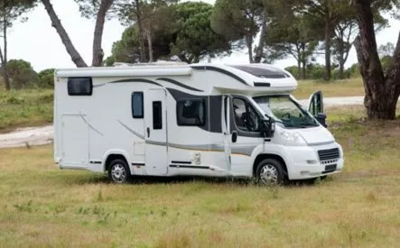 Camping-car stationné dans un champ entouré d'arbres