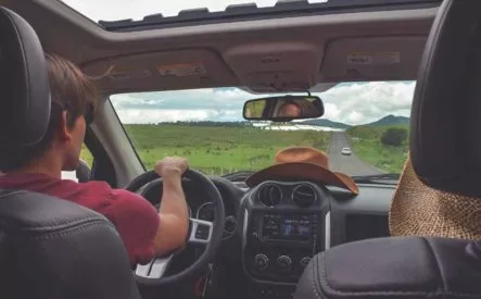 Conducteur sur route de campagne avec vue dégagée par le toit ouvrant