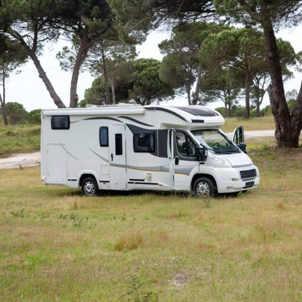 Camping-car stationné dans un champ entouré d'arbres