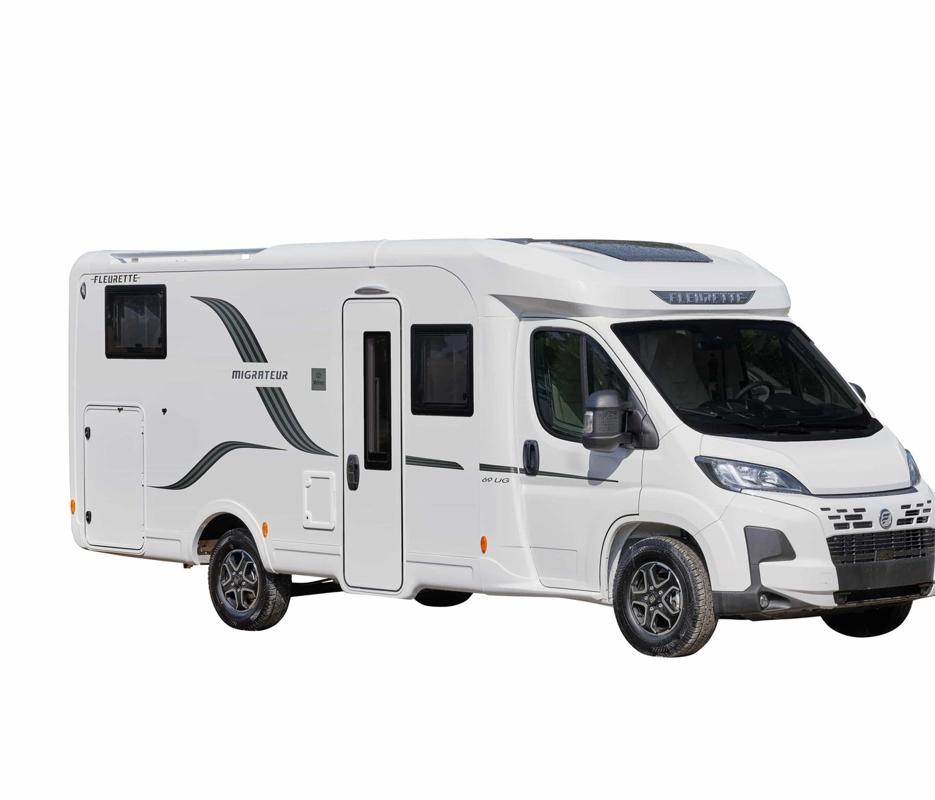 Camping-car blanc Fleurette Migrateur sur fond blanc