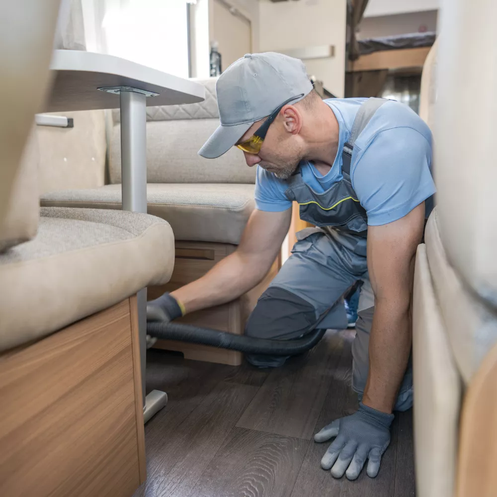 Technicien nettoyant l'intérieur d'un camping-car avec un aspirateur