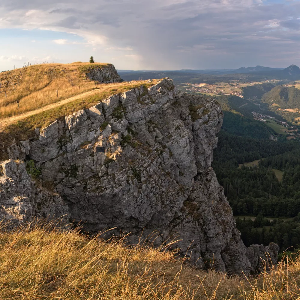 Paysage de montagne avec falaise rocheuse et vallée boisée en arrière-plan